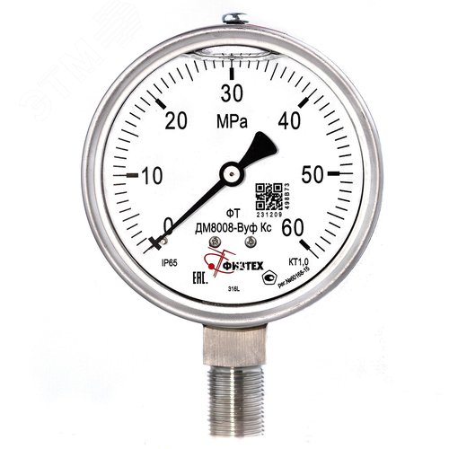 Изображение товара Манометр коррозионностойкий ДМ8008-ВУф Кс 0-60 МПа кт.1.0 d.100 IP65 M20*1.5 РШ SG ВуСл (шт)