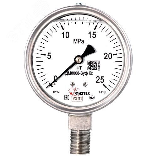 Изображение товара Манометр коррозионностойкий ДМ8008-ВУф Кс 0-25 МПа кт.1.0 d.100 IP65 M20*1.5 РШ SG ВуГл (шт)
