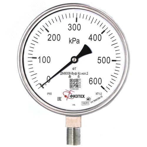 Изображение товара Манометр коррозионностойкий ДМ8008-ВУф Кс исп 2 0-600 кПа кт.1.0 d.160 IP65 M20*1.5 РШ SG Б/запол (шт)