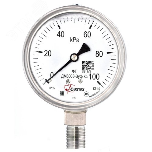 Изображение товара Манометр коррозионностойкий ДМ8008-ВУф Кс 0-100 кПа кт.1.0 d.100 IP65 M20*1.5 РШ SG ВуСл (шт)
