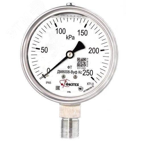 Изображение товара Манометр коррозионностойкий ДМ8008-ВУф Кс 0-250 кПа кт.1.0 d.100 IP65 M20*1.5 РШ SG ВуГл (шт)