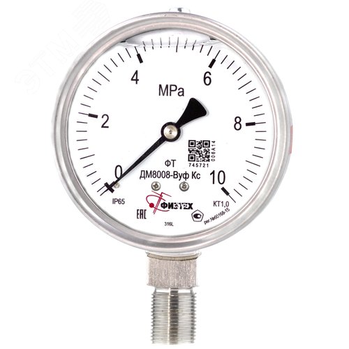 Изображение товара Манометр коррозионностойкий ДМ8008-ВУф Кс 0-10 МПа кт.1.0 d.100 IP65 M20*1.5 РШ SG ВуГл (шт)