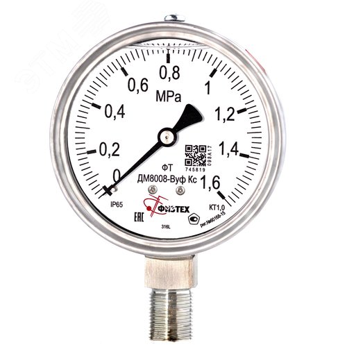 Изображение товара Манометр коррозионностойкий ДМ8008-ВУф Кс 0-1.6 МПа кт.1.0 d.100 IP65 M20*1.5 РШ SG ВуСл (шт)