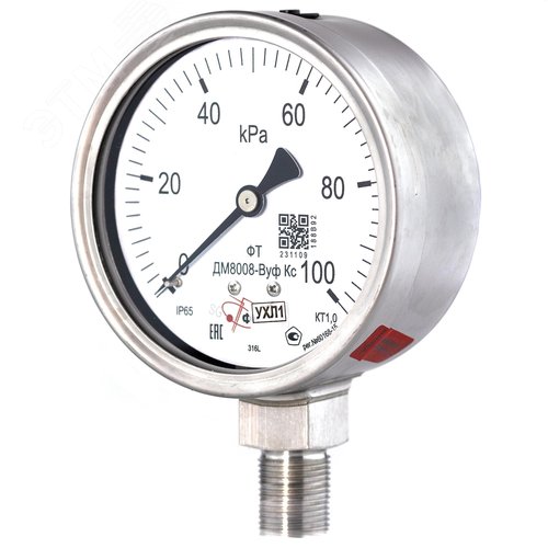 Изображение товара Манометр коррозионностойкий ДМ8008-ВУф Кс 0-100 кПа кт.1.0 d.100 IP65 M20*1.5 РШ SG Б/запол (шт)