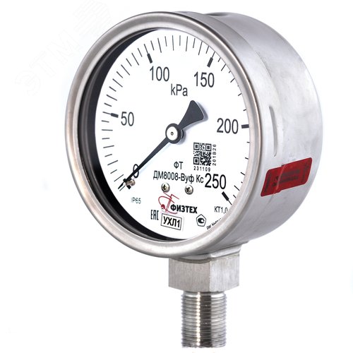 Изображение товара Манометр коррозионностойкий ДМ8008-ВУф Кс 0-250 кПа кт.1.0 d.100 IP65 M20*1.5 РШ SG Б/запол (шт)