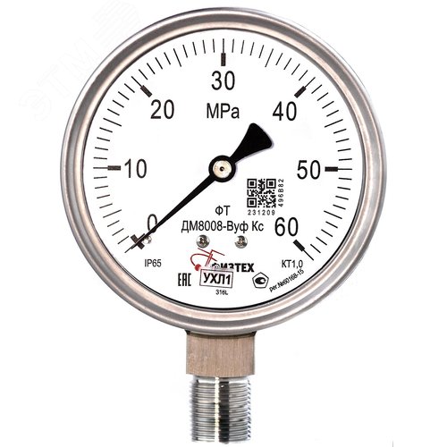 Изображение товара Манометр коррозионностойкий ДМ8008-ВУф Кс 0-60 МПа кт.1.0 d.100 IP65 M20*1.5 РШ SG Б/запол (шт)