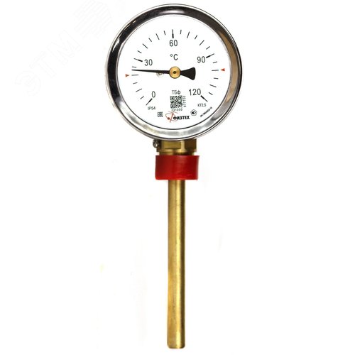 Изображение товара Термометр биметаллический ТБф-120 0…120 С кт.2.5 d.63 IP54 РШ*6 ГЗЛ-РТ A2.0*14 U100*9/1. с гильзой (латунь) (шт)