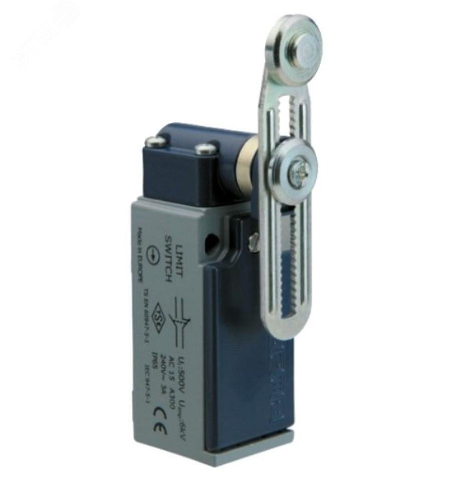 Изображение товара Выключатель концевой, привод реверсивный металлический ролик 18 мм с угловым действием, регулируемый 1НЗ+1НО, мгновенное срабатывание, L51, металлический корпус 240В AC, 3А, IP65 (шт)