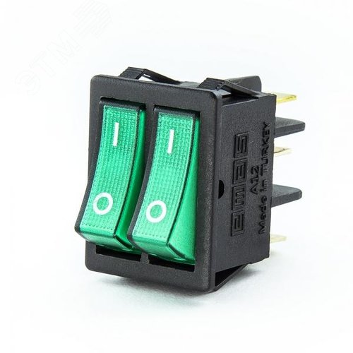 Изображение товара Выключатель двухклавишный 30*22мм с подсветкой (1НО + 1НО), чёрный цвет клавиши, маркировка 0-1, подкл. клемма (250В AC, 16А), IP50 (шт)