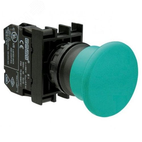 Изображение товара Кнопка Грибок 40мм (1НО), без фиксации, зеленый цвет, серия B (250В AC, 4А), IP50 (шт)