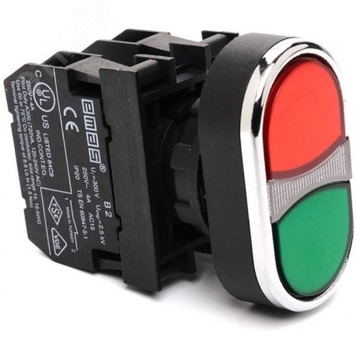 Изображение товара Кнопка сдвоенная 1НО+1НО, красный + зелёный цвет ,серия B,250В AC, 4А, IP50 (шт)