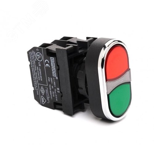 Изображение товара Кнопка сдвоенная 1НО+1НЗ, красный + зелёный цвет ,серия B,250В AC, 4А, IP50 (шт)