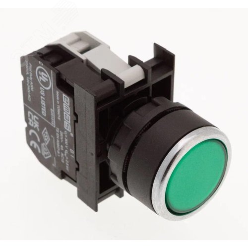 Изображение товара Кнопка (1НО), зелёный цвет, с блоком подсветки B9 (зелёный светодиод, 12-30В AC/DC), серия B (250В AC, 4А), IP50 (шт)