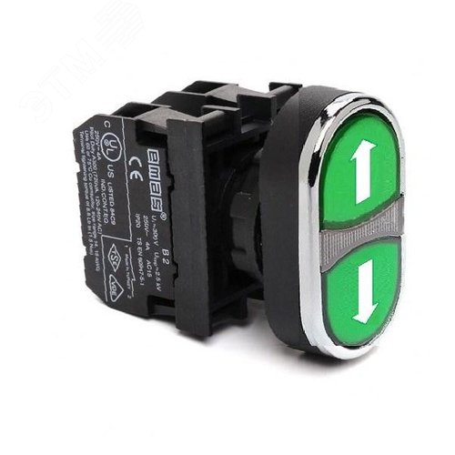 Изображение товара Кнопка сдвоенная (1НО+1НО) зелёный + зелёный цвет с маркировкой серия CM (250В AC 4А) IP65 (шт)