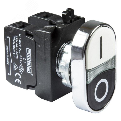 Изображение товара Кнопка сдвоенная (1НО+1НЗ) чёрный + белый цвет серия CM (250В AC 4А) IP65 (шт)