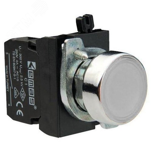 Изображение товара Кнопка (1НО) белый цвет с блоком подсветки CB5 (белый светодиод 12-30В AC/DC) серия CM (250В AC 4А) IP65 (шт)