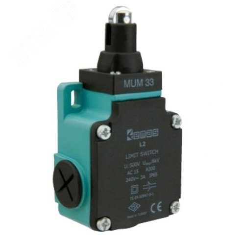 Изображение товара Выключатель концевой, привод роликовый 11 мм металлический плунжер 1НЗ+1НО, мгновенное срабатывание, L2, алюминиевый корпус 240В AC, 3А, IP65 (шт)