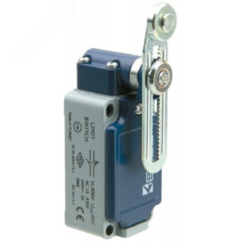 Изображение товара Выключатель концевой, привод реверсивный металлический ролик 18 мм с угловым действием, регулируемый 1НЗ+1НО, мгновенное срабатывание, L52, металлический корпус 240В AC, 3А, IP65 (шт)