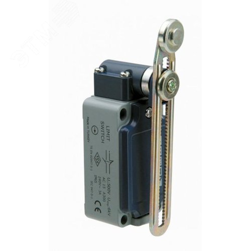 Изображение товара Выключатель концевой, привод реверсивный металлический ролик 18 мм с угловым действием, регулируемый 1НЗ+1НО, мгновенное срабатывание, L52, металлический корпус 240В AC, 3А, IP65 (шт)