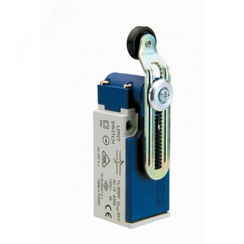 Изображение товара Выключатель концевой, привод реверсивный пластиковый ролик 18 мм с угловым действием, изогнутый рычаг 1НЗ+1НО, мгновенное срабатывание, L5, пластиковый корпус 240В AC, 3А, IP65 (шт)