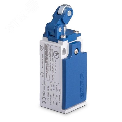 Изображение товара Выключатель концевой, привод однонаправленный металлический ролик 14 мм с угловым действием 1НЗ+1НО, синхронное срабатывание, L5, пластиковый корпус 240В AC, 3А, IP65 (шт)