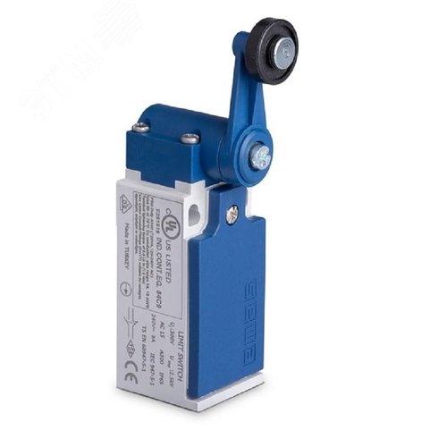 Изображение товара Выключатель концевой, привод реверсивный пластиковый ролик 18 мм с угловым действием 2НЗ+1НО, синхронное срабатывание, L5, пластиковый корпус 240В AC, 3А, IP65 (шт)