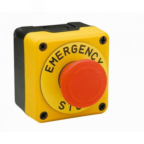Изображение товара Пост управления однокнопочный кнопка аварийная Грибок 40 мм, 1НЗ, возврат поворотом, желтый-черный цвет, cерия P, пластиковый корпус 250В AC, 4А, IP65 (шт)
