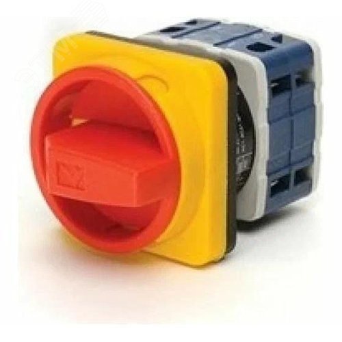 Изображение товара Переключатель двухпозиционный аварийный 20А (0-1) 90 градусов, 3 полюса, рамка 48х48 мм, 400В AC, IP54 (шт)