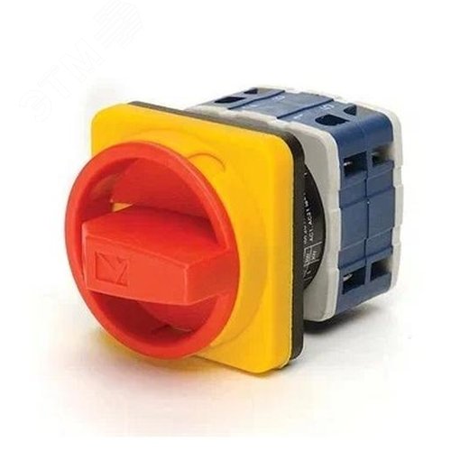 Изображение товара Переключатель двухпозиционный аварийный 25А (0-1) 90 градусов, 3 полюса, рамка 48х48 мм, 400В AC, IP54 (шт)