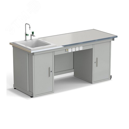 Изображение товара Стол демонстрационный лабораторный с двумя напольными тумбами, с электрикой (выключателей 3), с подводом воды 2000х750х900, раб. поверхность - LABGRADE-лайт (LG-лайт,СМ) (шт)
