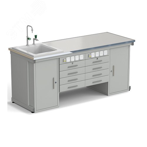 Изображение товара Стол демонстрационный лабораторный с двумя напольными тумбами, двумя подвесными тумбами, с электрикой, с подводом воды 2000х750х900, раб. поверхн. - LABGRADE-лайт (LG-лайт,СМ) (шт)