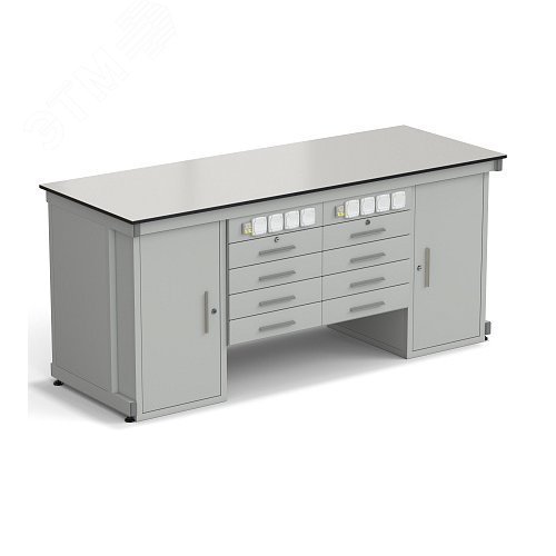 Изображение товара Стол демонстрационный лабораторный с двумя напольными тумбами, двумя подвесными тумбами, с электрикой (выключателей 6), 2000х750х900, раб. поверхность - LABGRADE (LG,СМ) (шт)