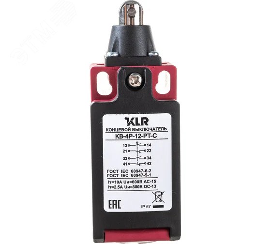 Изображение товара Выключатель концевой KB-4P-12-PT-C, толкатель с металлическим роликом, 2Н.О. + 2Н.З. быстрое срабатывание, пластиковый корпус, ввод M20, KLR (шт)