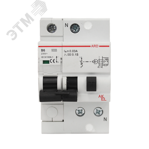 Изображение товара Выключатель дифференциальный автоматический АВДТ-ARD-1P+N-B6-30mA-ТипAC 1P+N/6A/B/AC/30mA/6kA (шт)