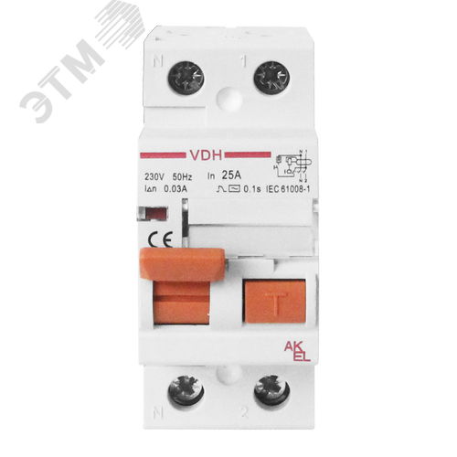 Изображение товара Устройство защитного отключения УЗО-VDH-2P-25A-300мА-Тип AC 2P/25A/AC/230VAC/300мА/10кА (шт)
