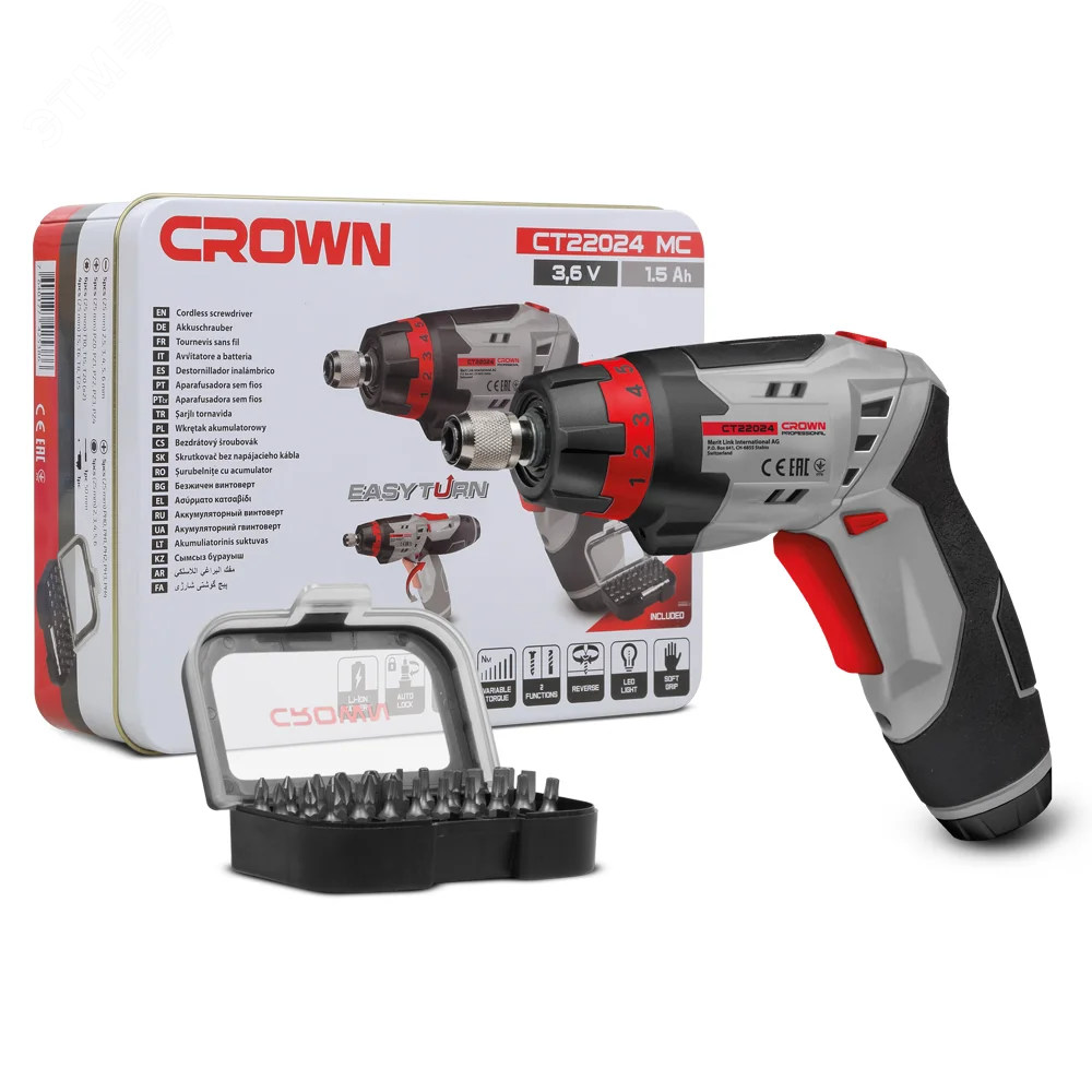 Изображение товара Аккумуляторная отвертка CROWN CT22024 MC с набором из 30 бит