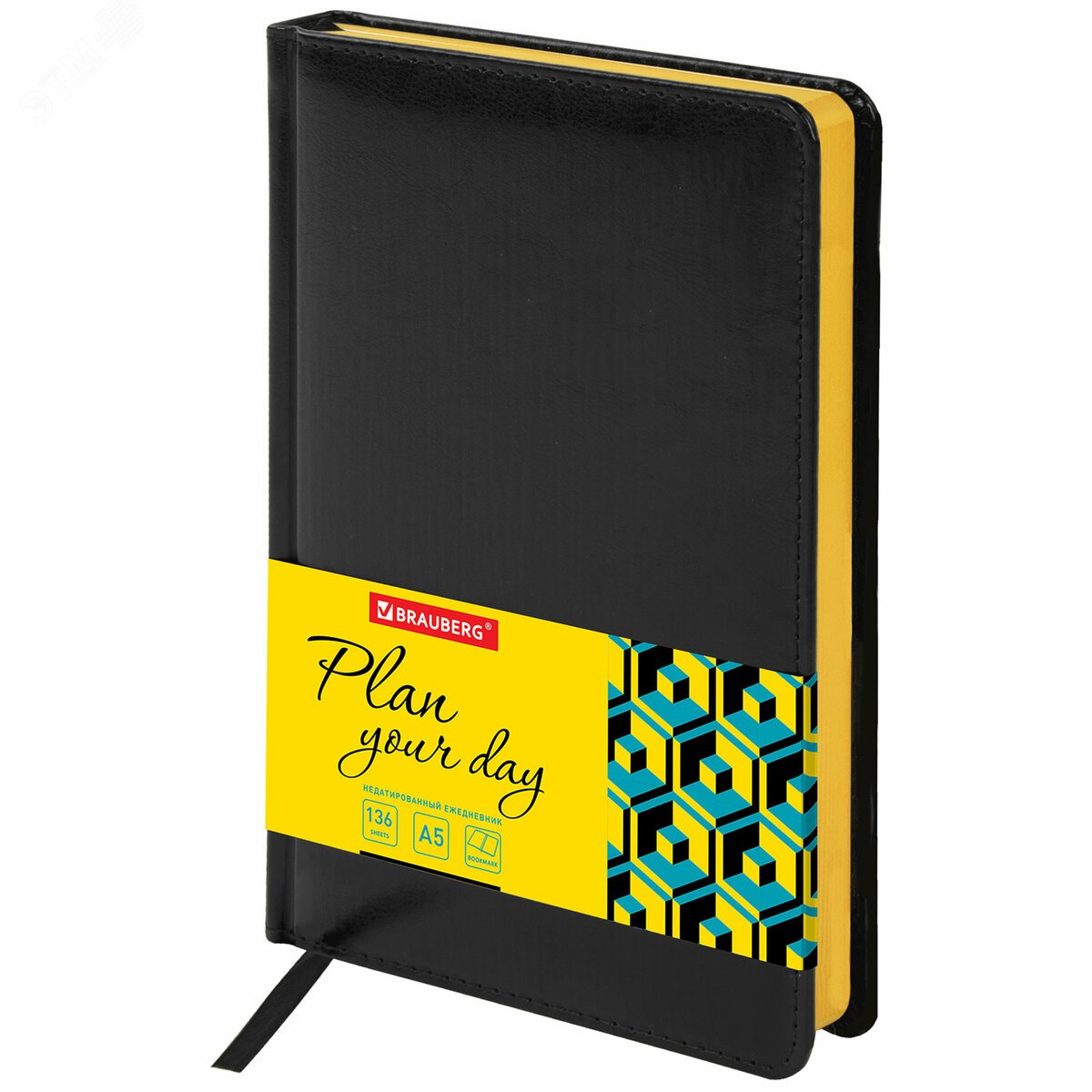 Изображение товара Ежедневник недатированный А5 138х213мм BRAUBERG Rainbow под кожу, 136л, черный/желтый, 113497 (шт)