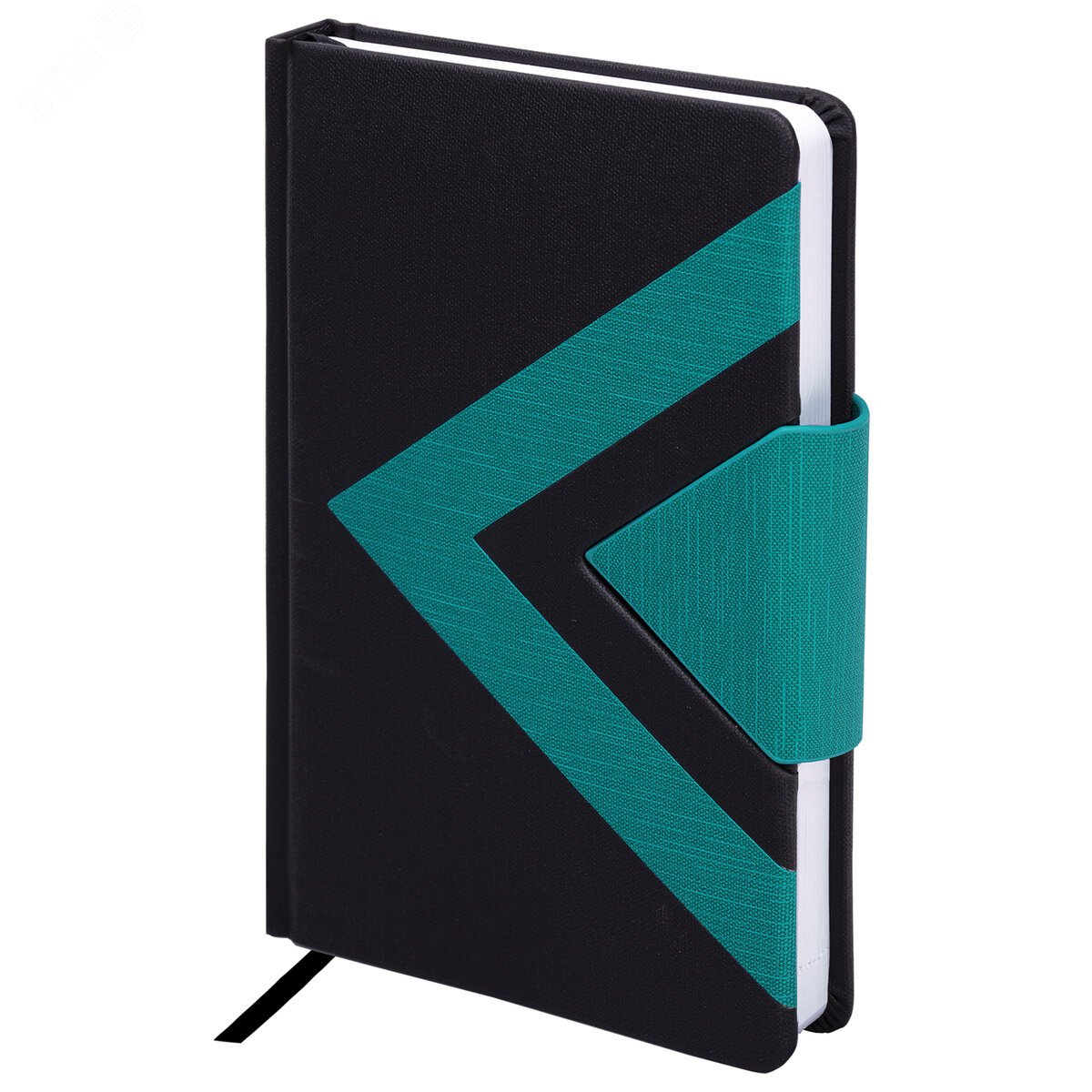 Изображение товара Ежедневник недатированный А5 138x213мм BRAUBERG Waves под кожу,застежка 160л,чёрный/бирюзовый,114454 (шт)