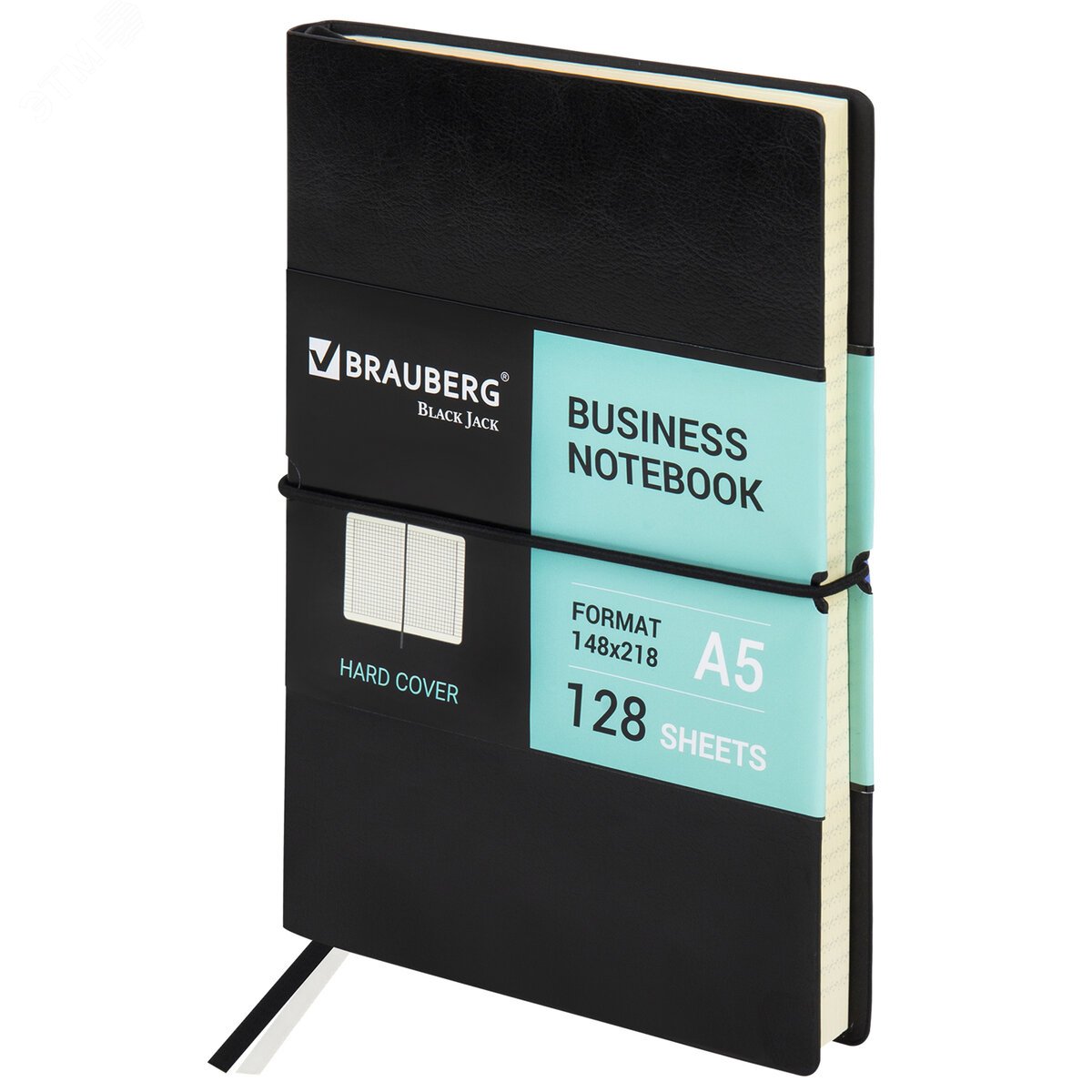 Изображение товара Блокнот А5 (148х218мм), BRAUBERG Black Jack, 128л, кожзам, клетка, резинка, черный, 125240 (шт)