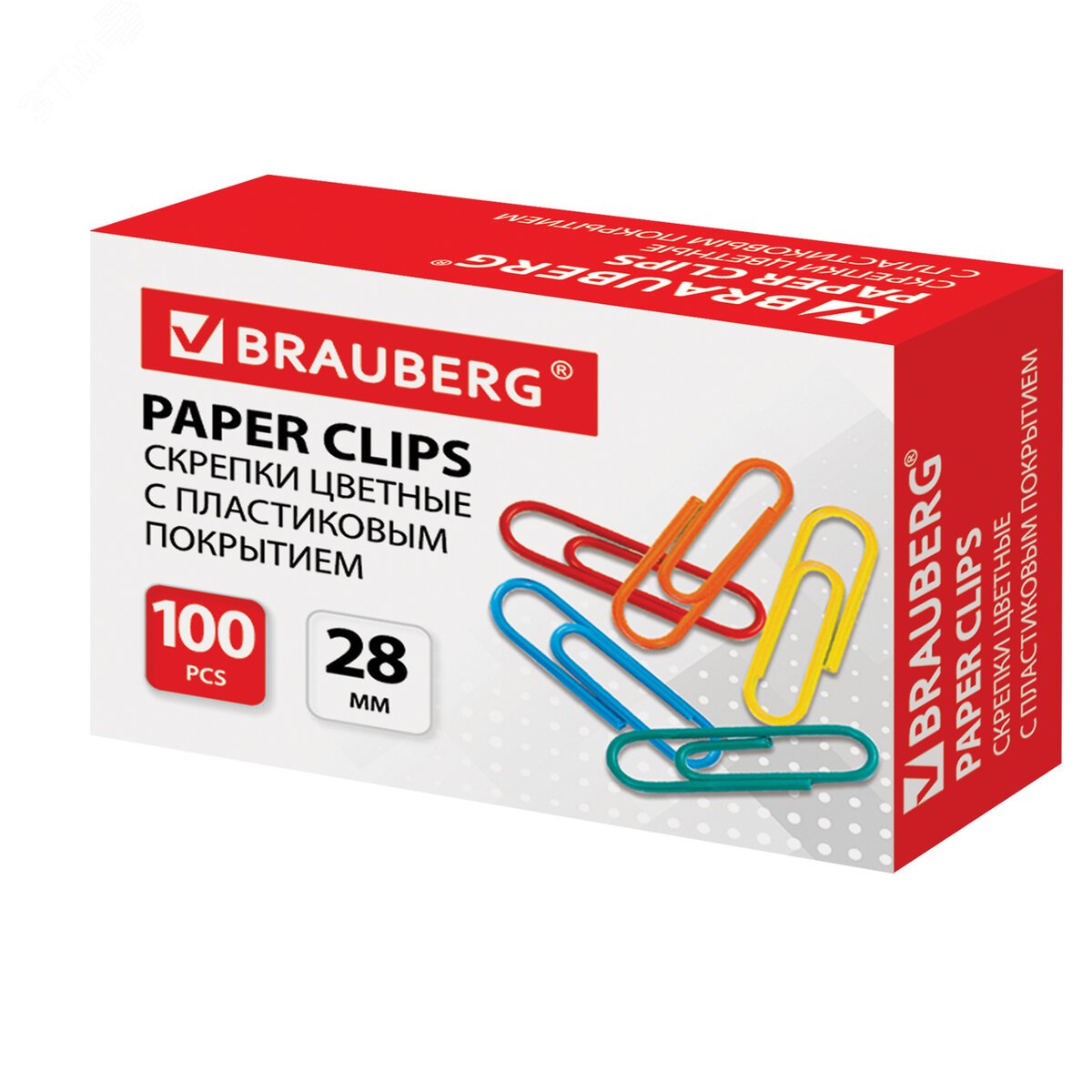 Изображение товара Скрепки BRAUBERG 28 мм цветные, 100 шт., в картонной коробке, РОССИЯ, 220555 (шт)