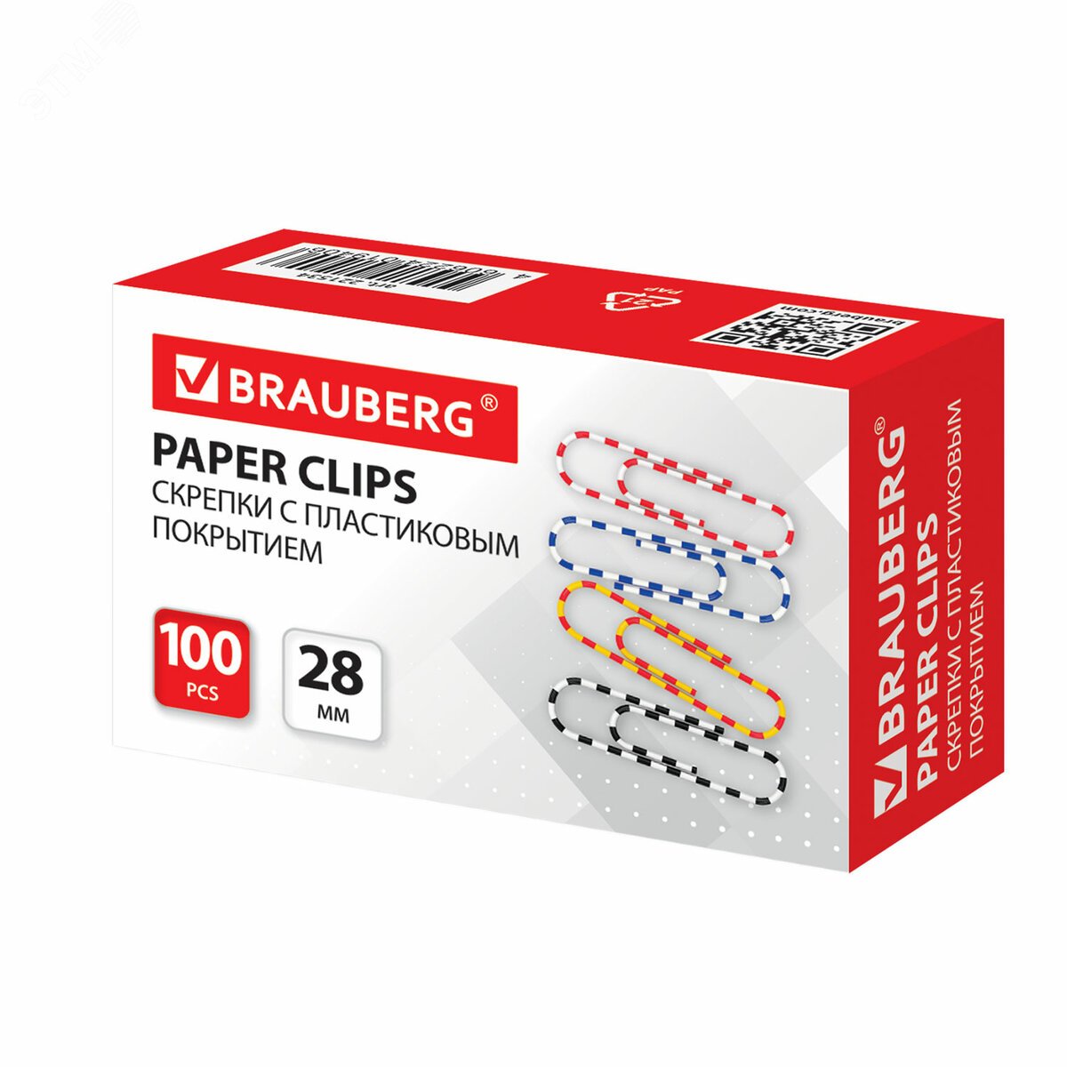 Изображение товара Скрепки BRAUBERG 28 мм с цветными полосками, 100 шт в коробке