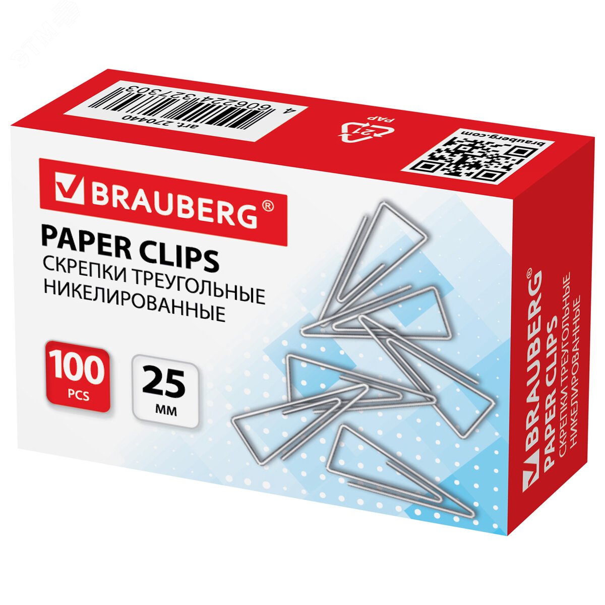 Изображение товара Скрепки BRAUBERG, 25 мм, никелированные, треугольные, 100 шт., в картонной коробке, 270440 (шт)