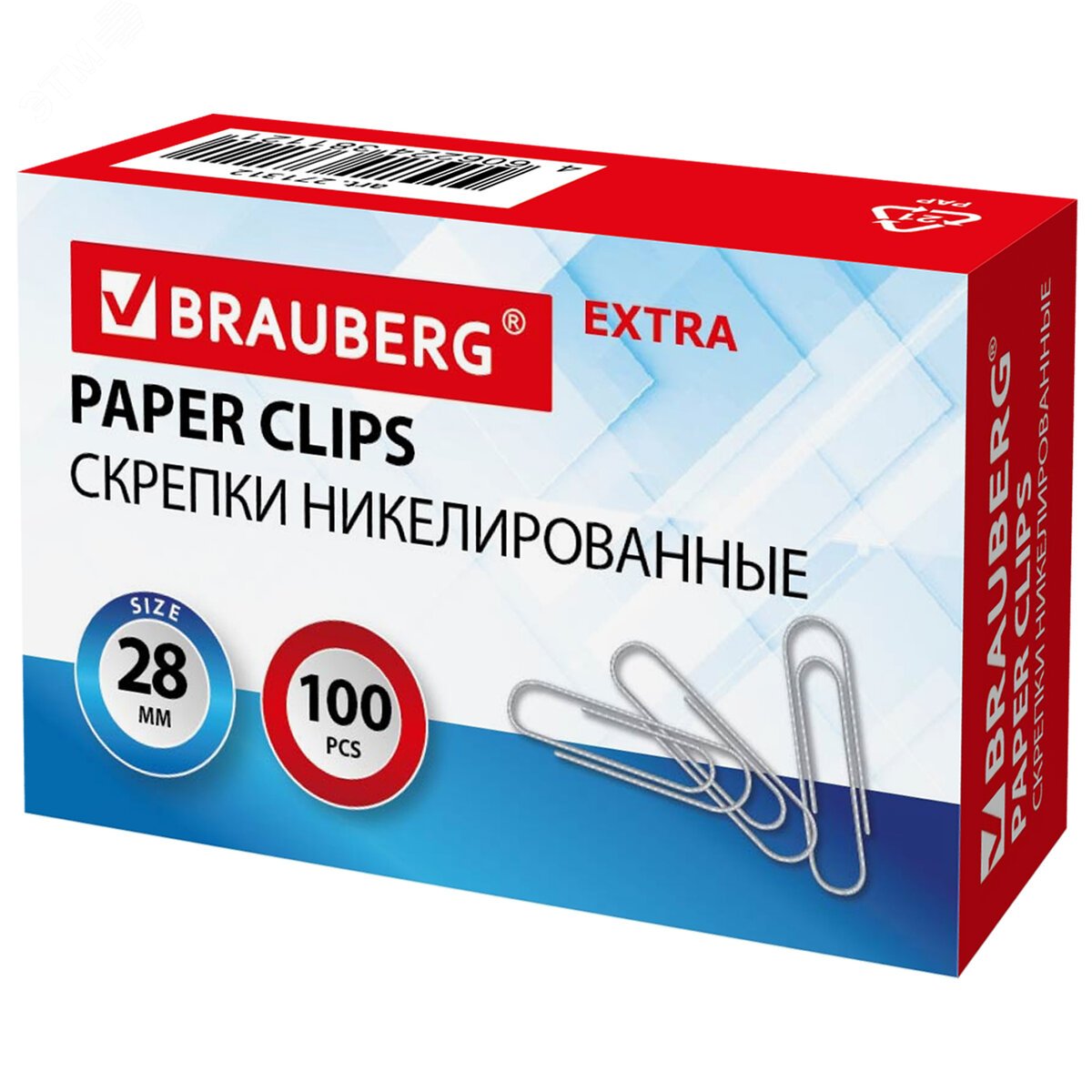 Изображение товара Скрепки EXTRA BRAUBERG 28 мм никелированные 100 штук, 271312 (шт)