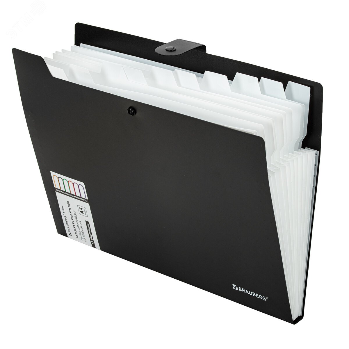Изображение товара Папка-органайзер на кнопке 12 отделений, BRAUBERG Extra, А4, черная с белым, 271930 (шт)
