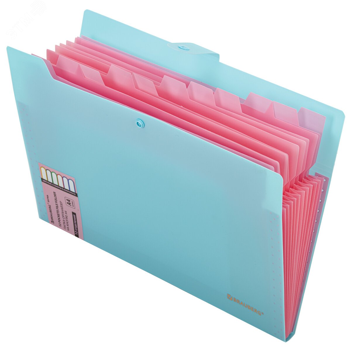 Изображение товара Папка-органайзер на кнопке BRAUBERG Extra 12 отделений A4 голубая с розовым