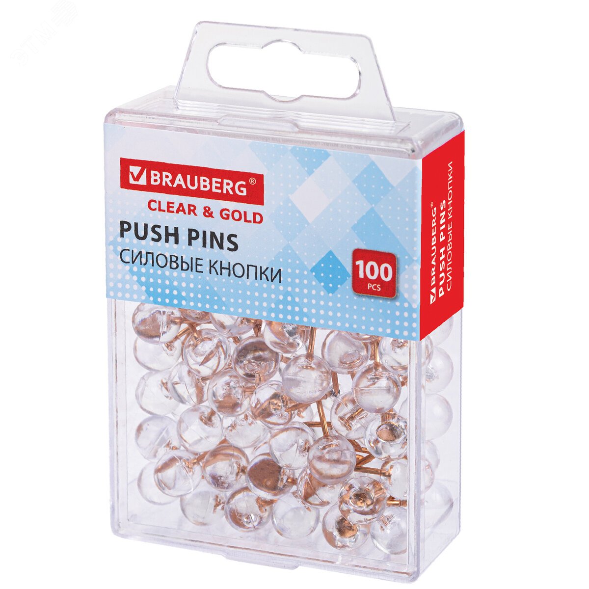 Изображение товара Силовые кнопки-гвоздики BRAUBERG CLEAR & GOLD, 100 шт, прозрачные с золотистым шариком