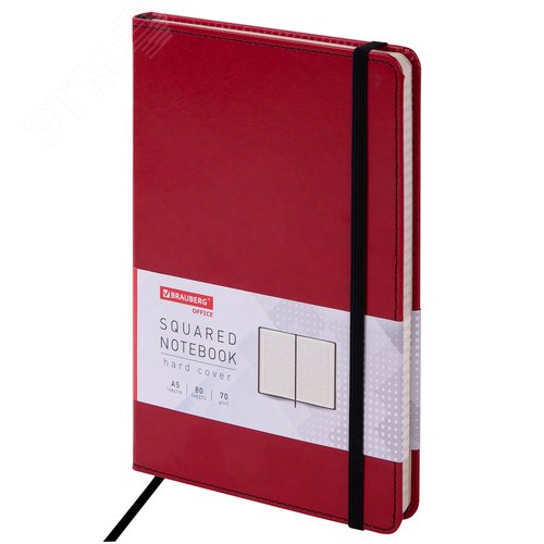 Изображение товара Блокнот А5 148x218мм, BRAUBERG Office, под кожу, 80л, резинка, клетка, красный, 111030 (шт)