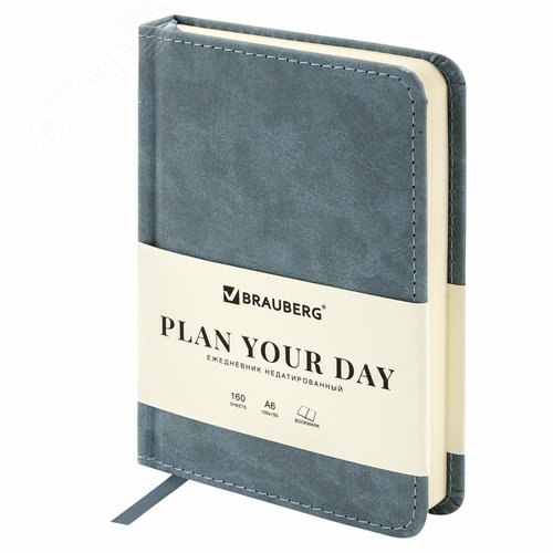 Изображение товара Ежедневник недатированный МАЛЫЙ 100х150мм А6 BRAUBERG Status, под кожу, 160л, серо-голубой, 113369 (шт)