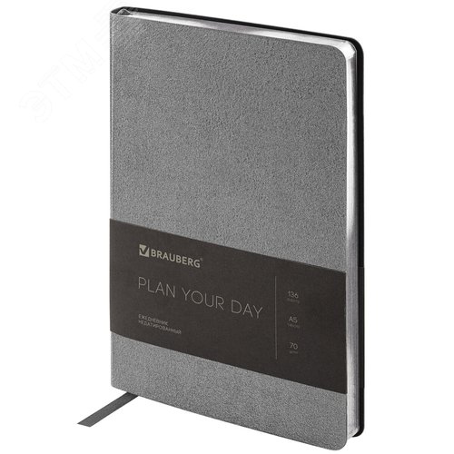 Изображение товара Ежедневник недатированный А5 138х213мм BRAUBERG Metallic под кожу, 136л, гибкий, серебряный, 113377 (шт)