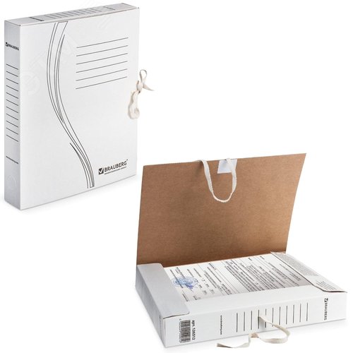Изображение товара Папка архивная с завязками А4 (325 х 260 мм), 45 мм, до 400 л, плотная, микрогофрокартон, белая, BRAUBERG (шт)